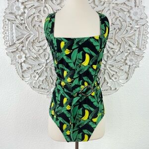{Ganni} Banana Print Belted One-Piece Swimsuit, Plus Size 4XL/22